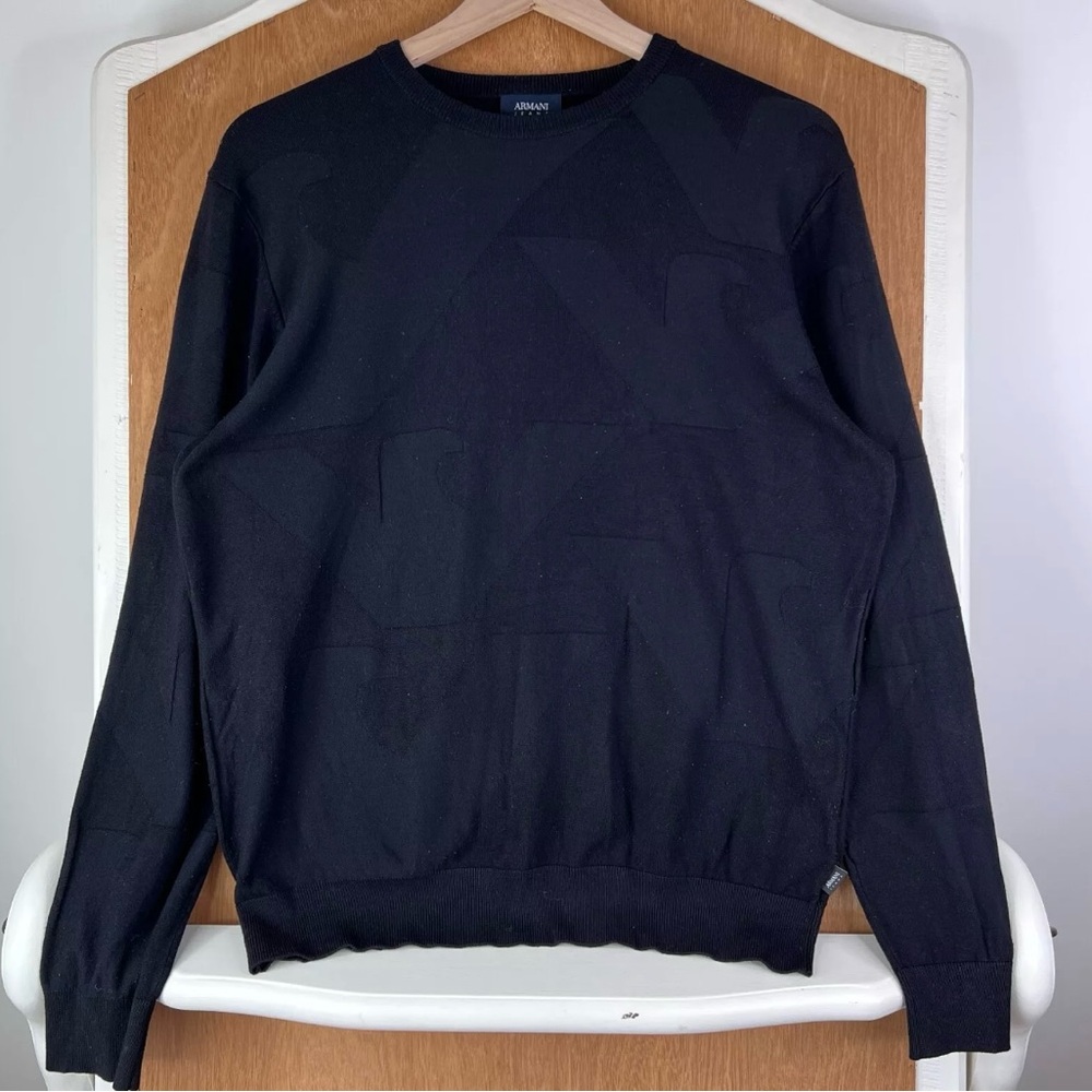 Armani Jeans Sweater Mens Black Crewneck Knit Pullover Tonal Logo Casual Medium